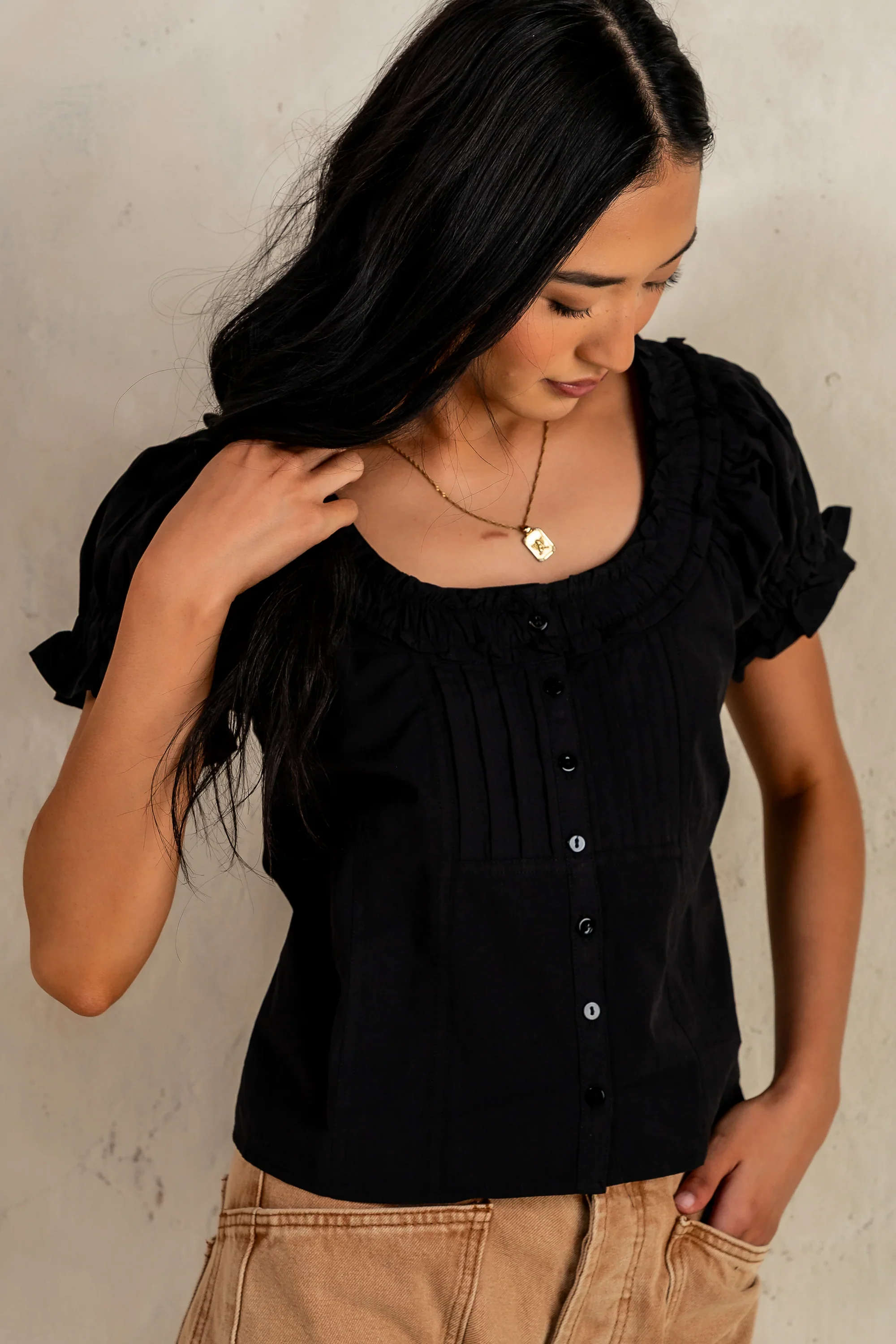 Payton Button Front Blouse in Black