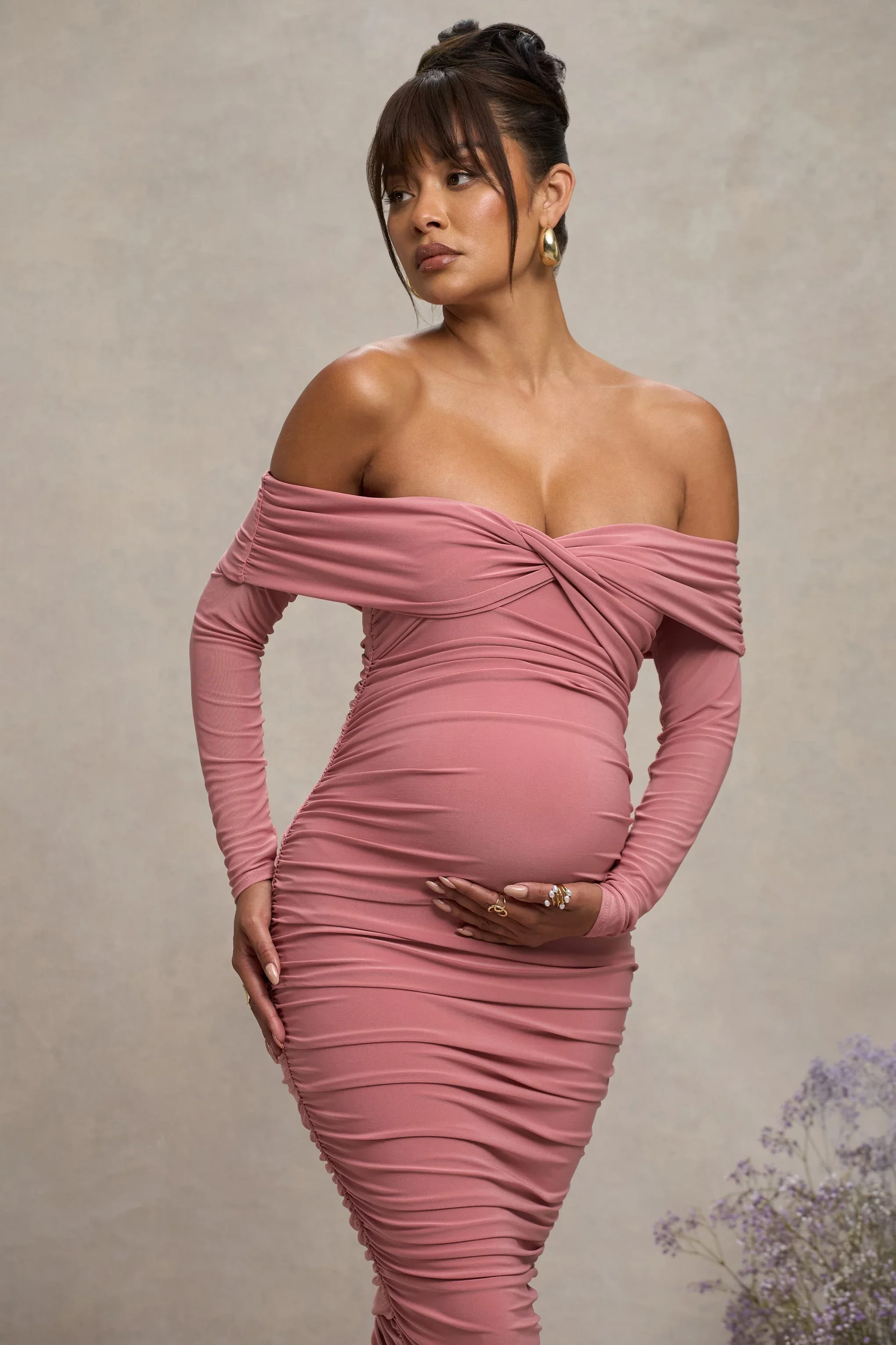 Neva | Blush Bardot Twist Maternity Midi Dress