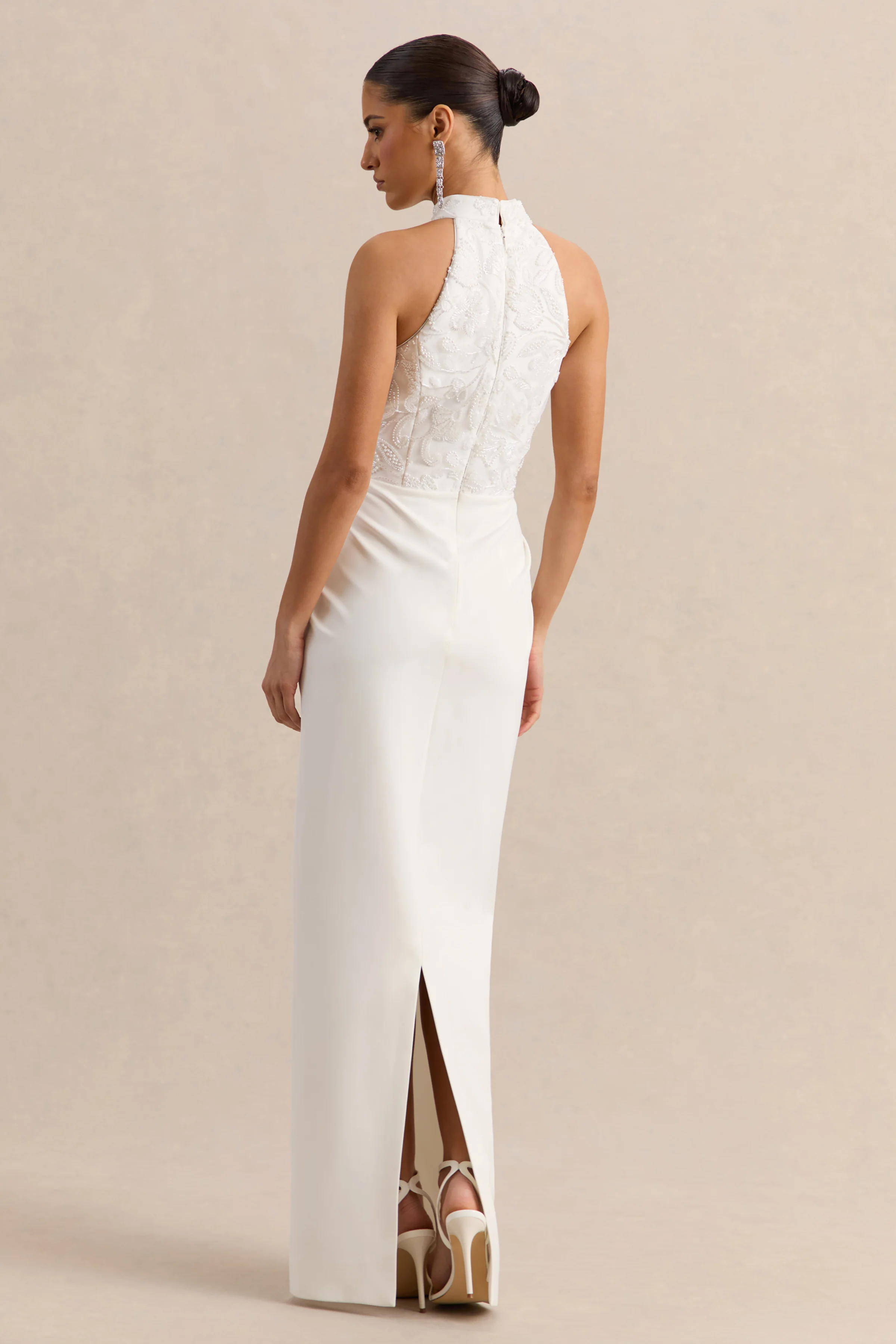Charlotte | White Halter-Neck Maxi Dress With Gathered-Detailing