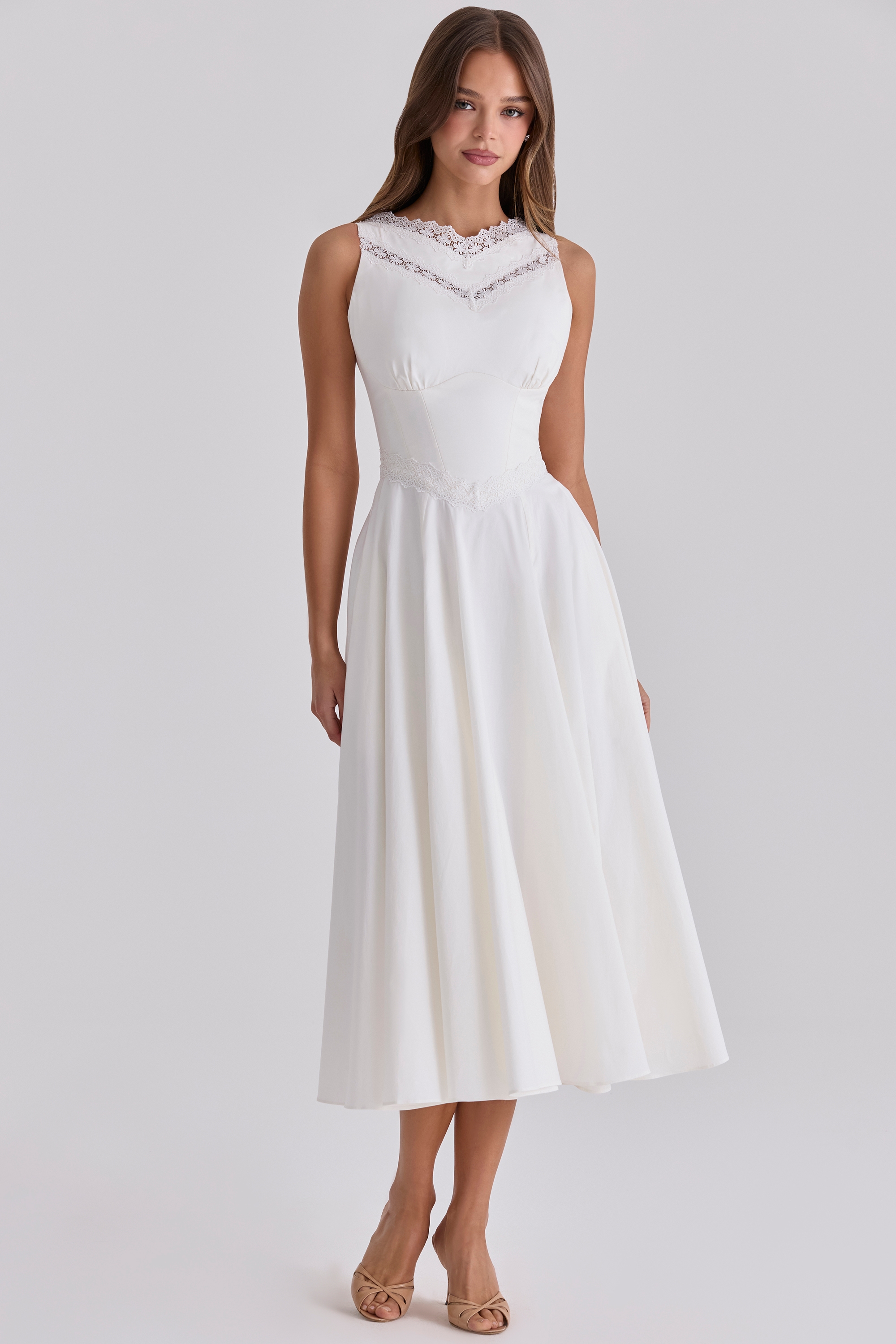 white cotton lace trim waist cinch midi dress