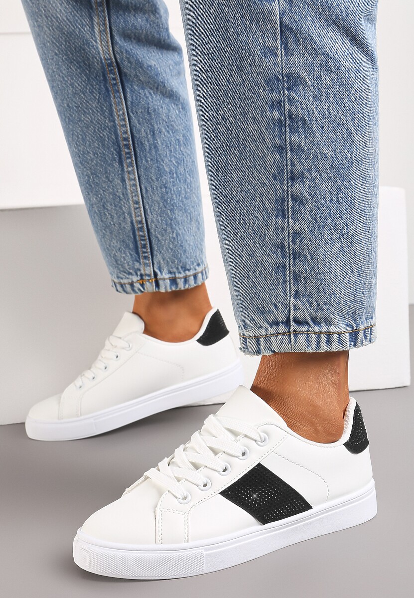 Biało-Beżowe Sneakersy ze Wstawkami Pokrytymi Cyrkoniami Almarie