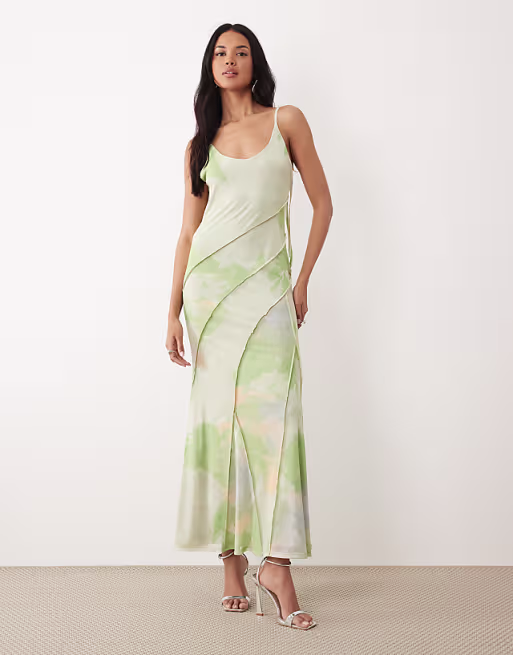 printed floral mesh deep scoop exposed seam maxi dress with low back in sage