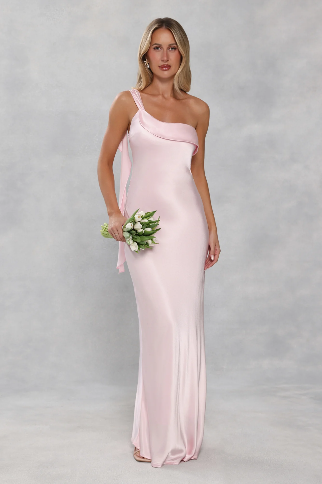 The Zafira One Shoulder Satin Maxi Dress Light Pink - luluinthesky