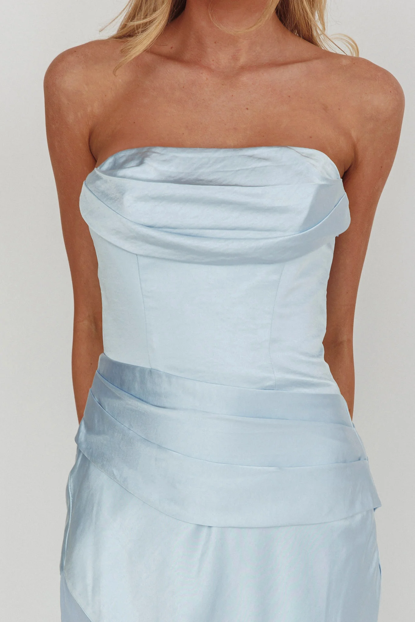 Moon Aura Pleat Detail Strapless Maxi Dress Blue - luluinthesky