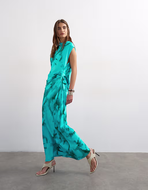 Topshop satin grown on neck tuck side maxi dress with open back in aqua floral