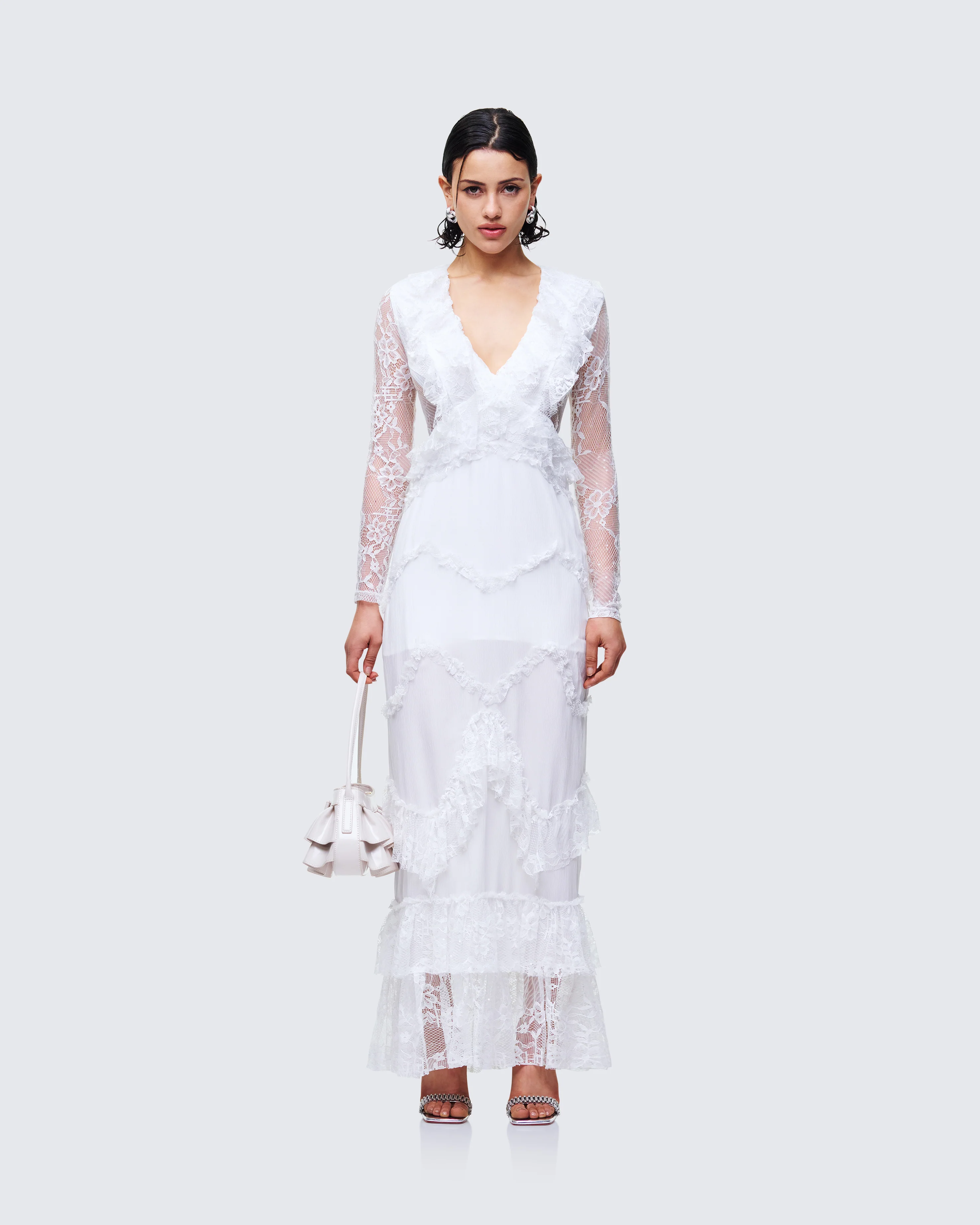 Lulea White Lace Ruffle Trim Mini Dress