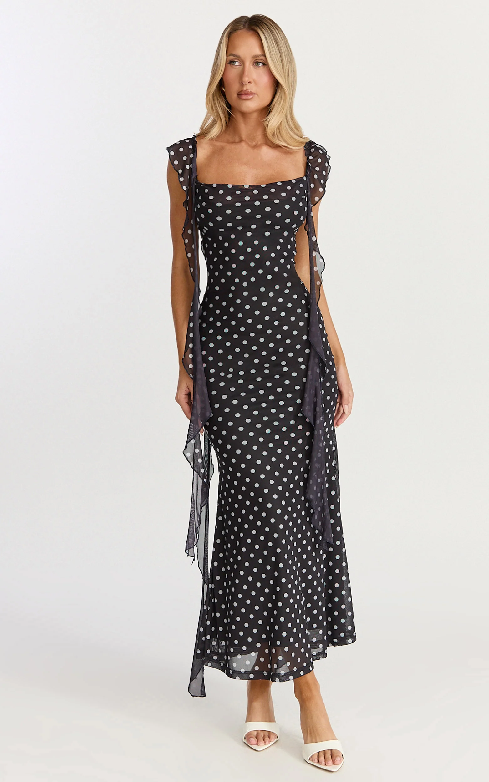 Rosha Midi Dress - Ruffle Strap Dress in Black Polkadot