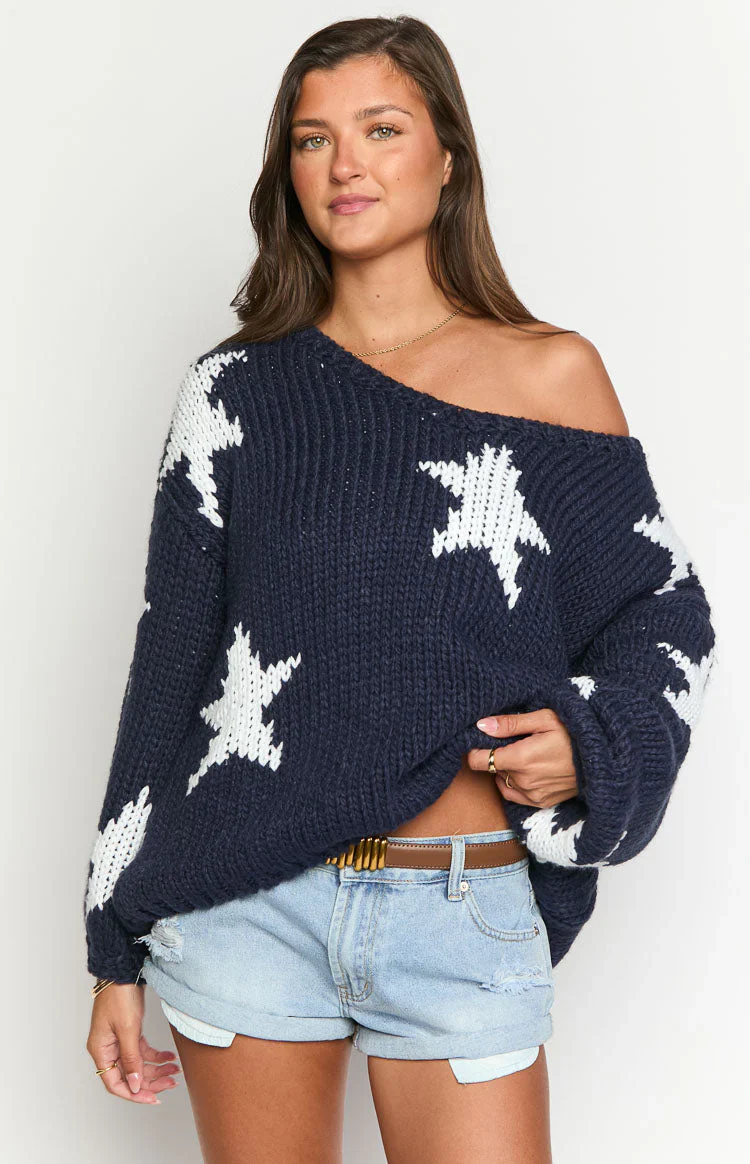 Delvey Navy Star Chunky Knit Sweater