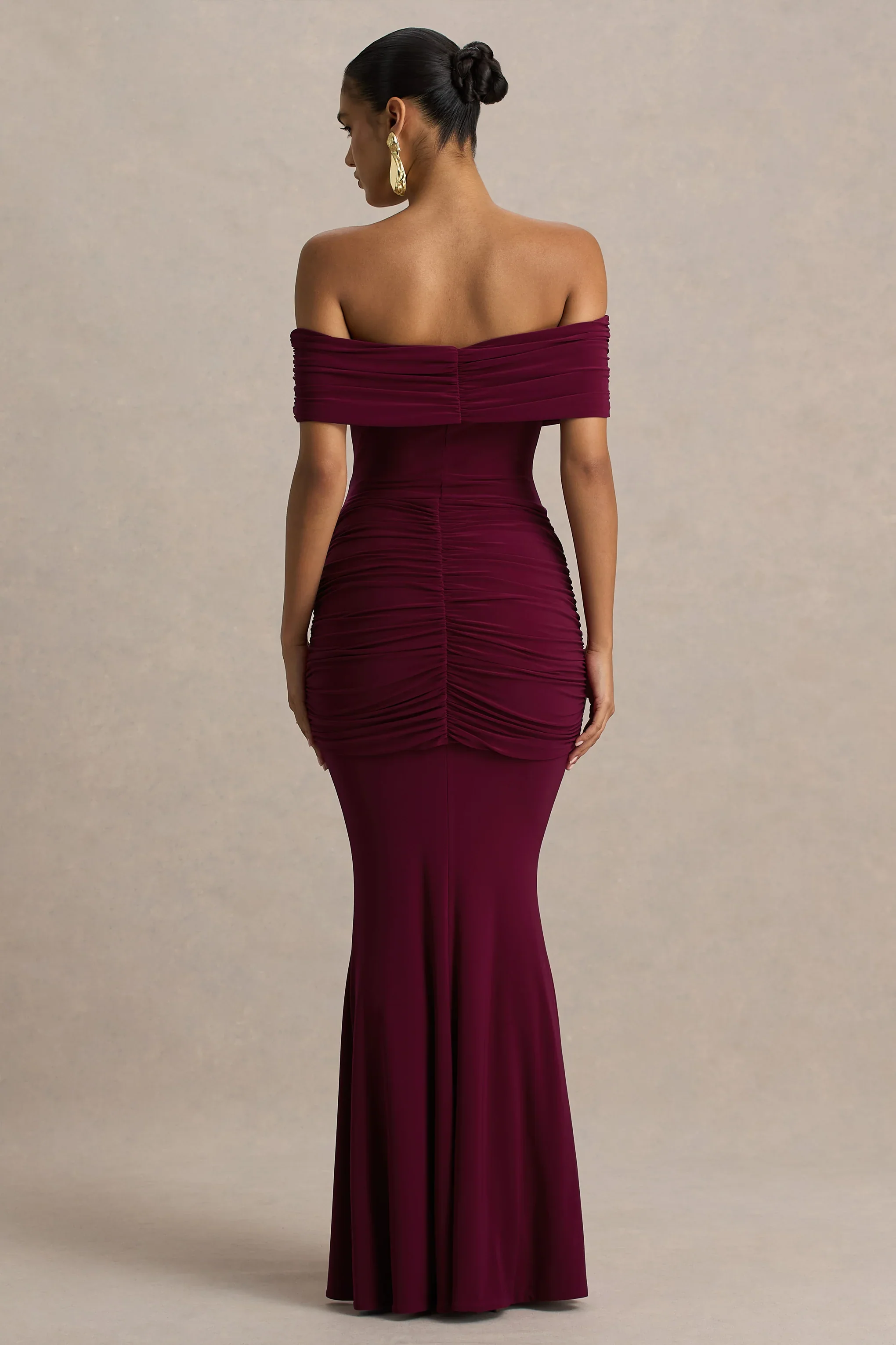 Envisioned | Burgundy Bardot-Neck Maxi Dress With Gathered And Drape Detail