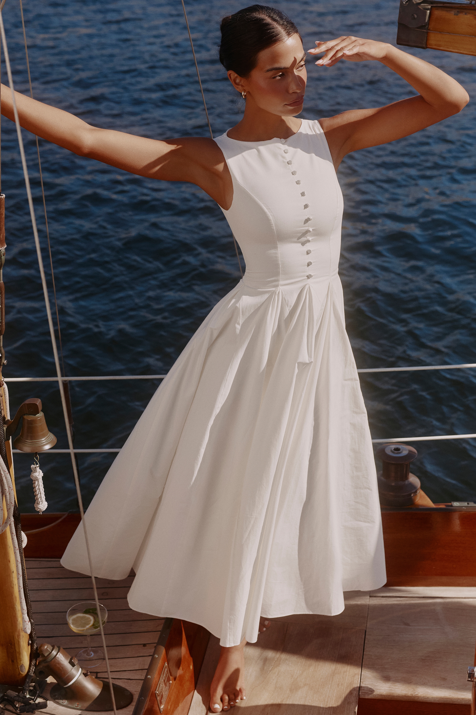 white boat neck button front cotton maxi dress