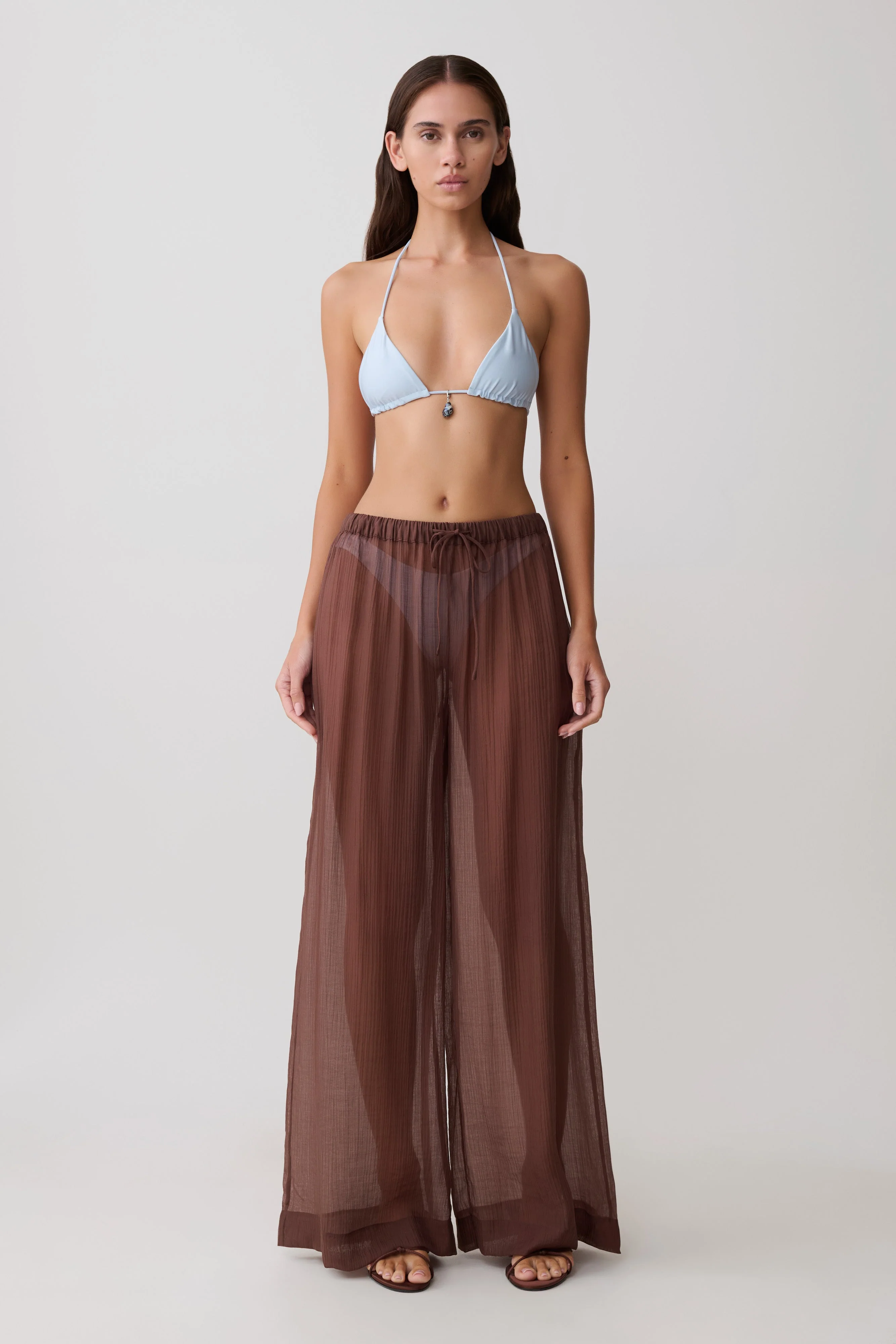 Leilani Sheer Drawstring Wide Leg Pants - Chocolate