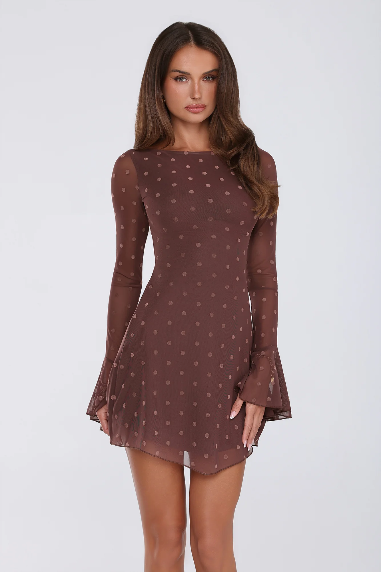 Sunset Season Long Sleeve Polka Dot Mini Dress Brown