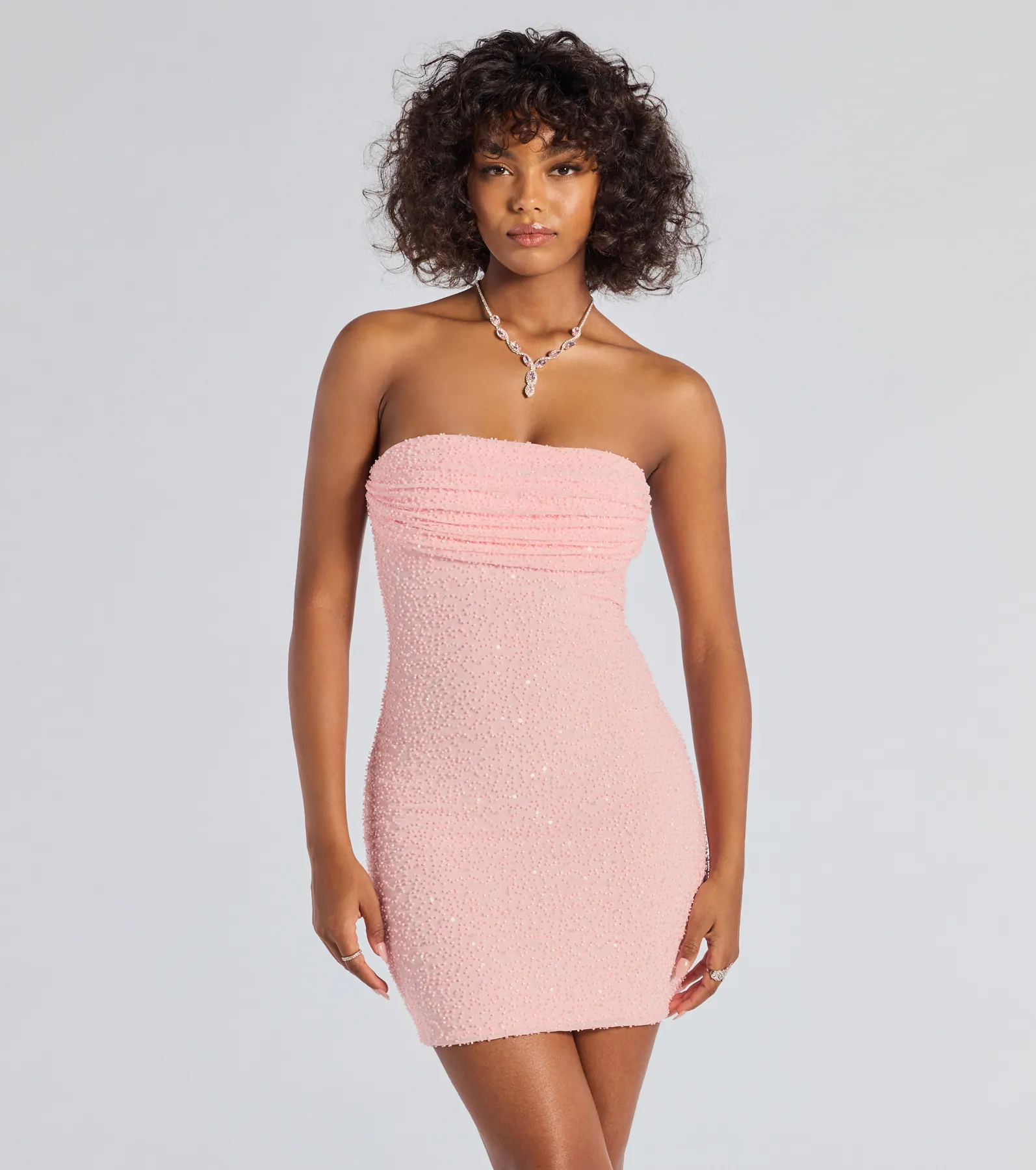 Lena Strapless Bodycon Beaded Mesh Mini Dress - luluinthesky