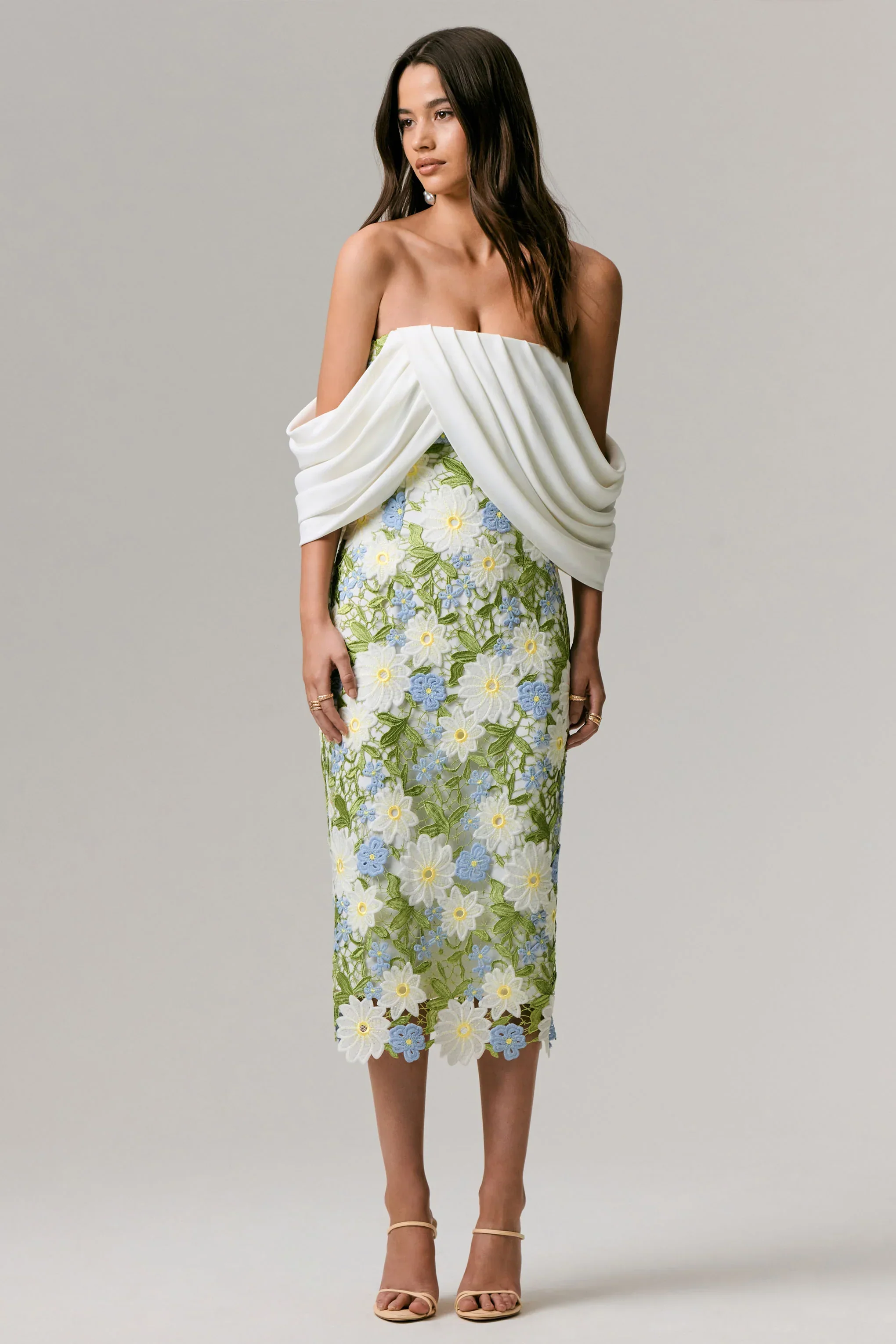 Entitled | Cream Floral Lace Bardot Midi Dress