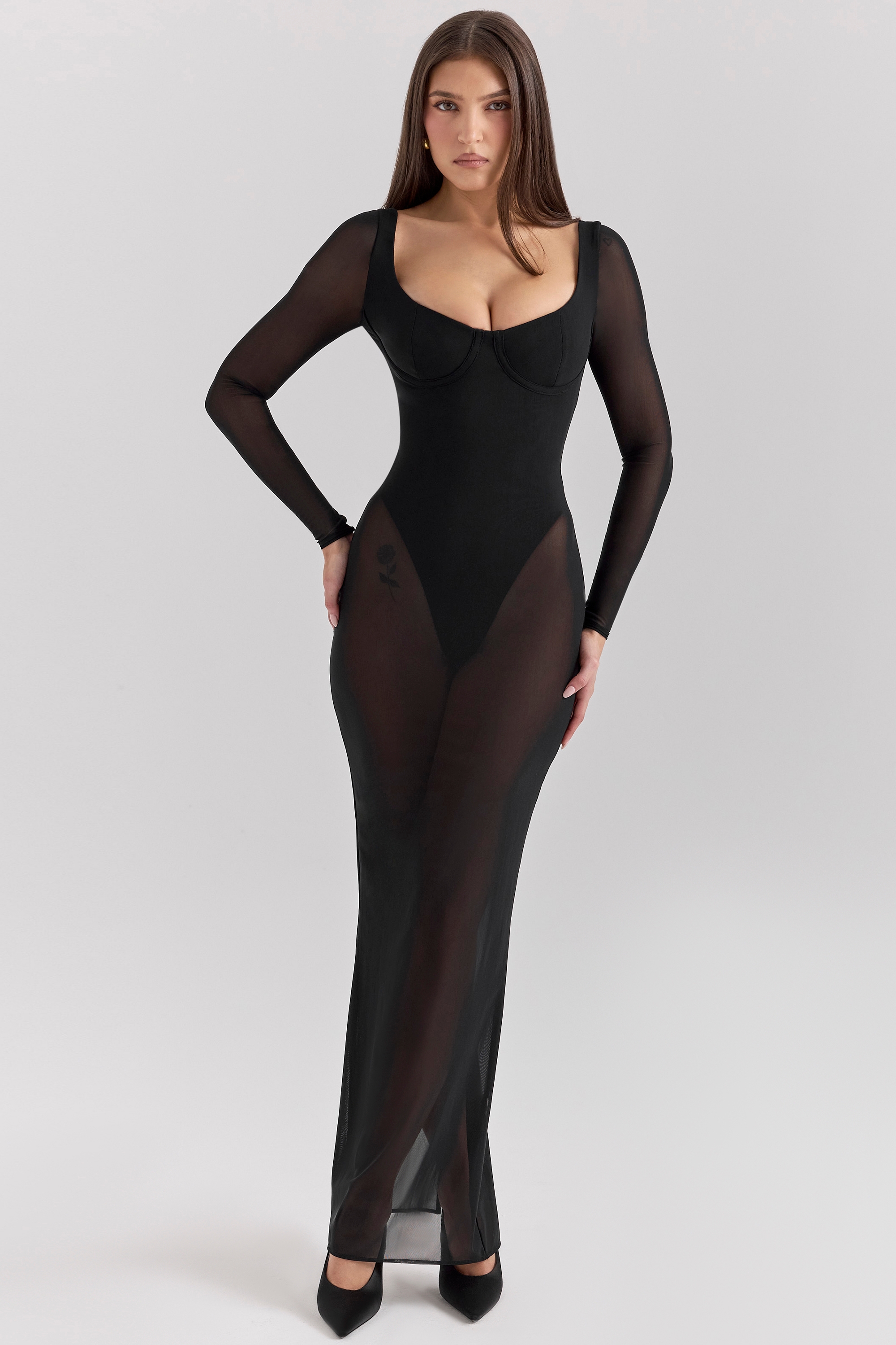 Black Mesh Maxi Dress With Bodysuit
