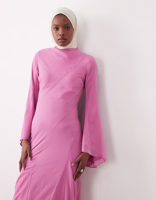 long sleeve layered godet bias cut maxi dress in pink