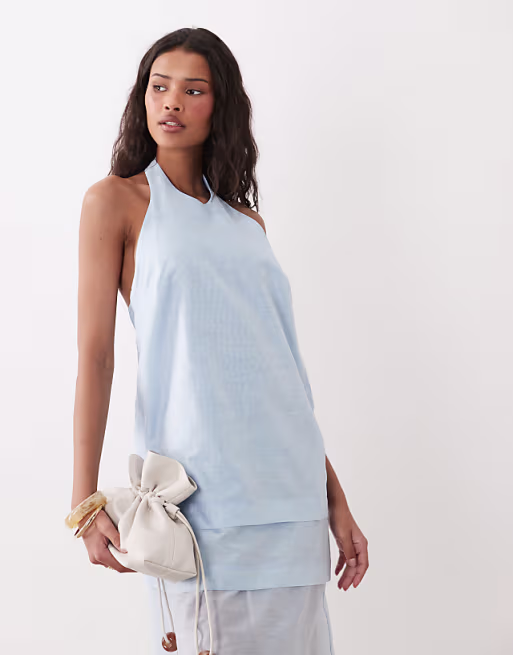layered halter neck column midi dress in light blue