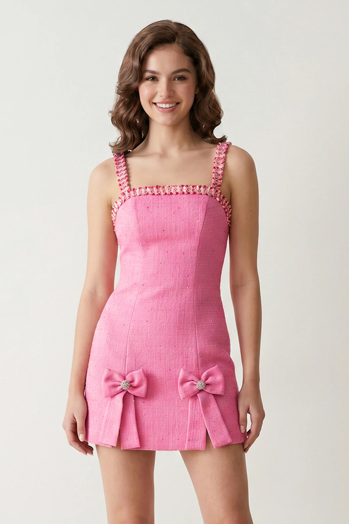 Pink Spaghetti Straps Beaded Sheath Homecoming Dress With Bows