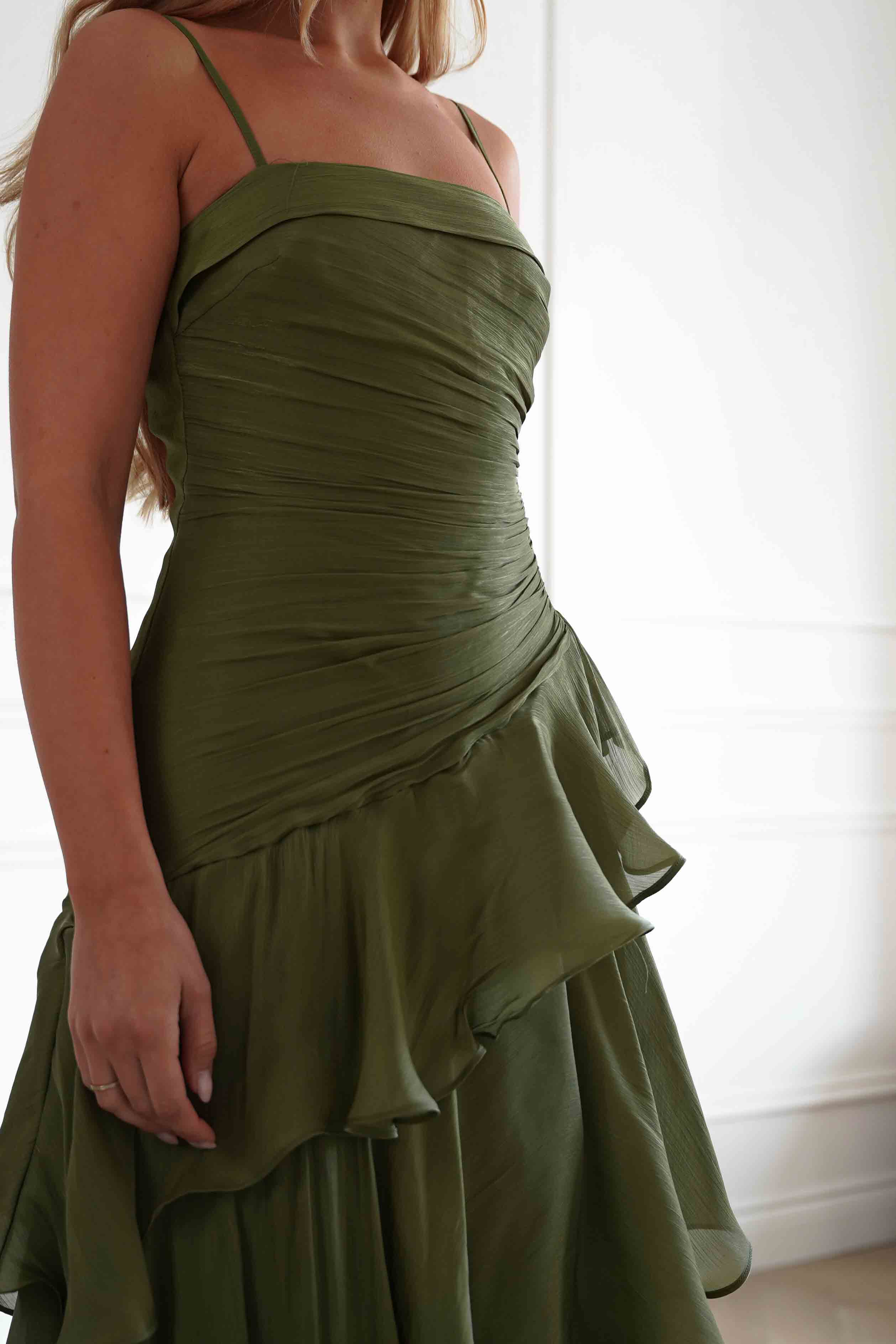Renee Luminescent Ruffle Maxi Dress | Olive