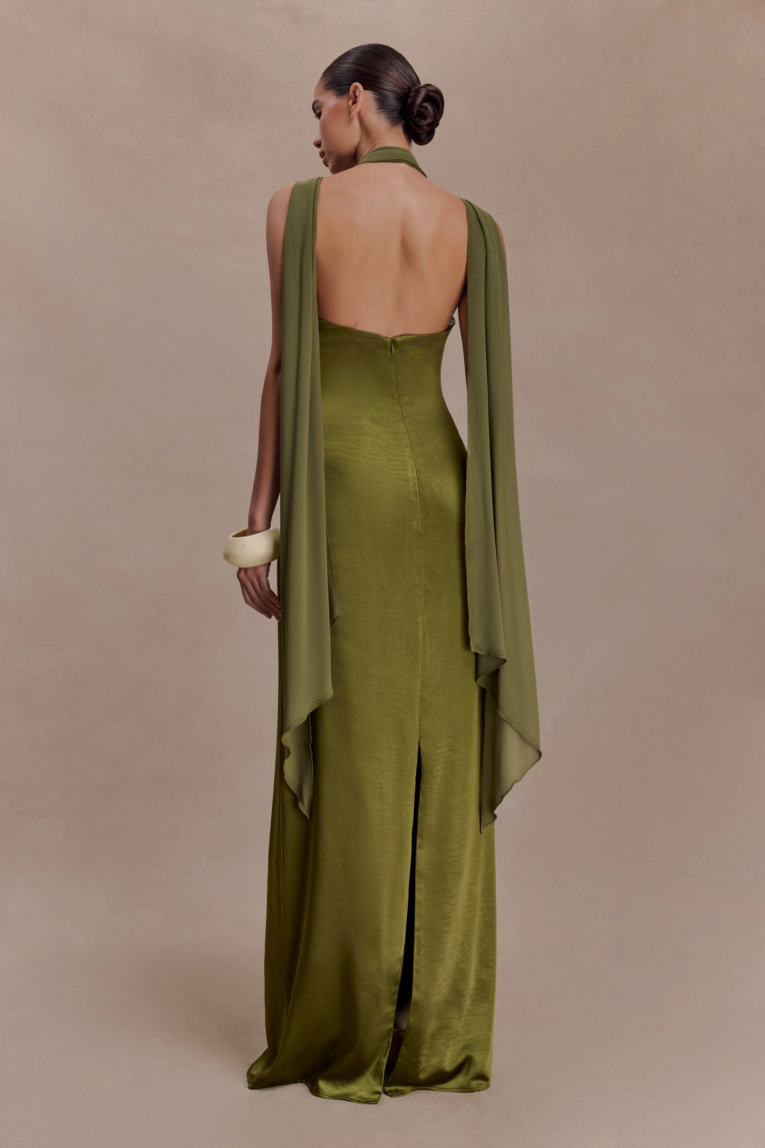Myla Draped Shoulders Satin Maxi Dress - Khaki