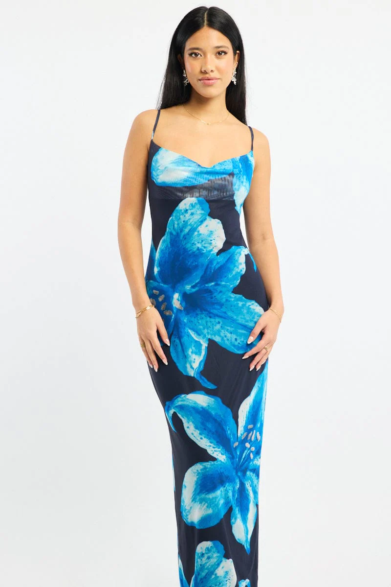 Blue Floral Maxi Dress Cowl Neck Mesh