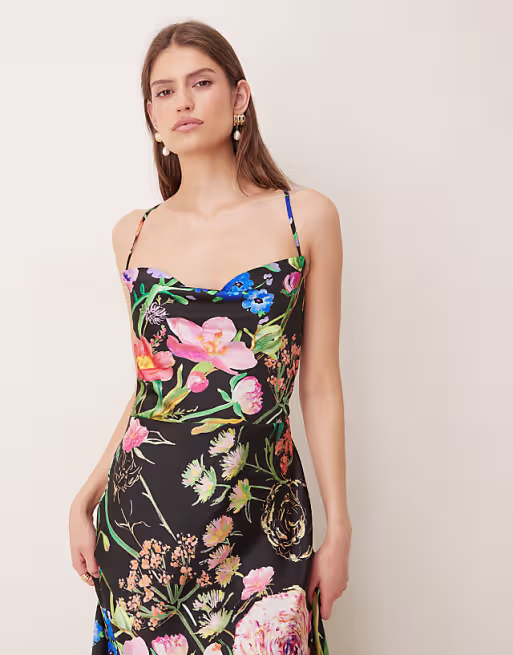 Hope & Ivy satin cowl neck open tie back thigh slit maxi dress in black floral print