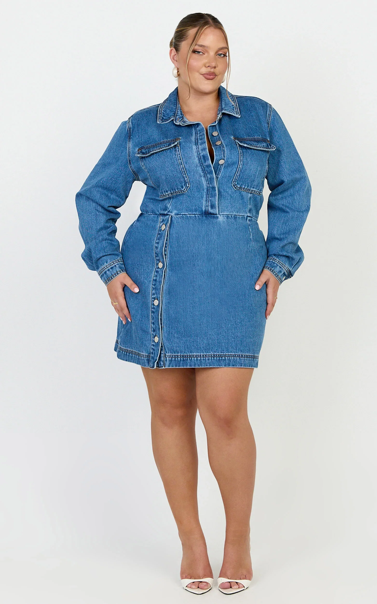 Ainsley Mini Dress - Button Through Long Sleeve Denim Dress in Mid Blue Wash