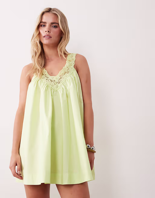 Petite v neck smock poplin mini dress with lace overlay in warm washed lime