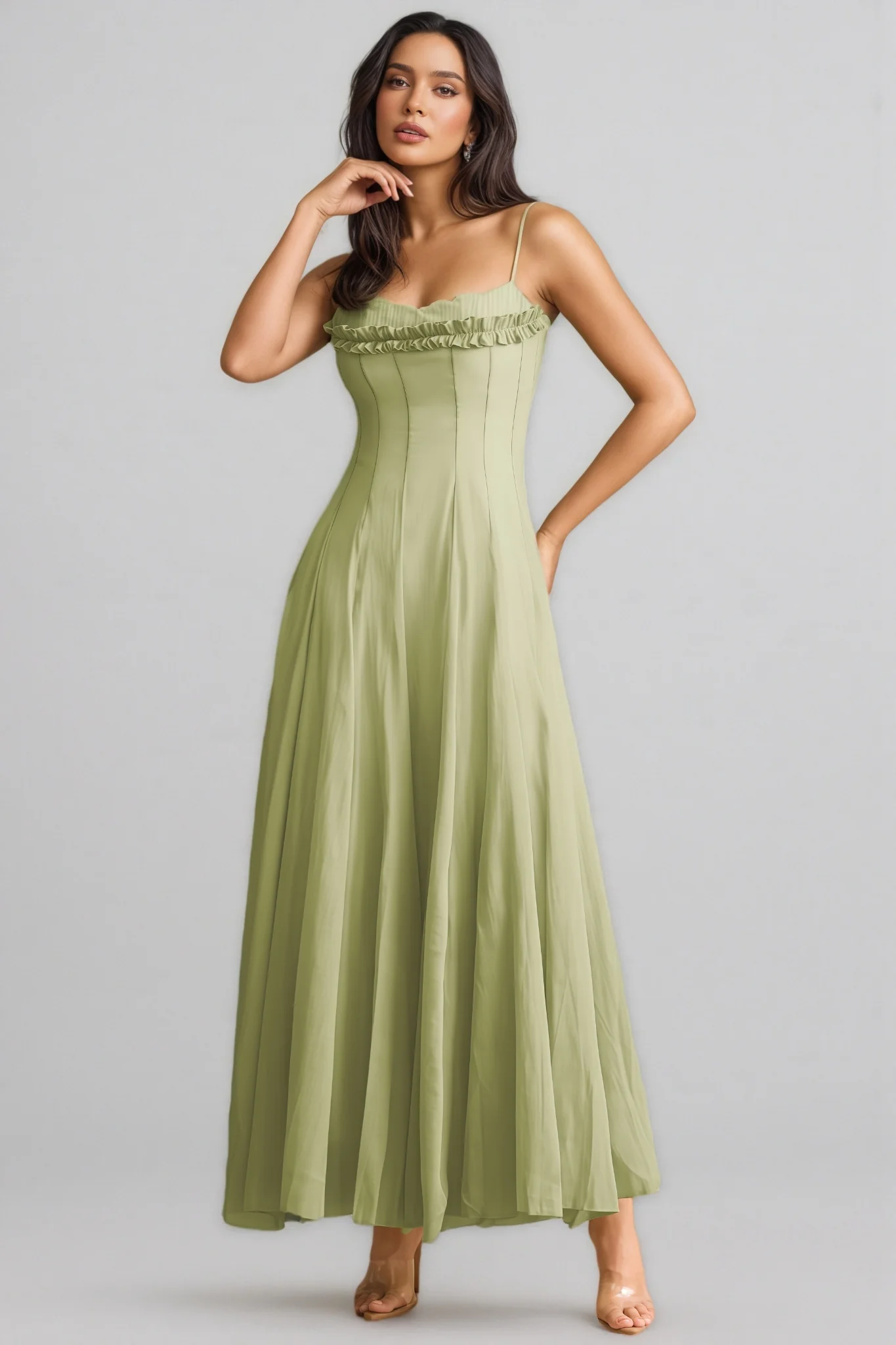 Martina Ruffled Trim Corset Bodice Maxi Dress