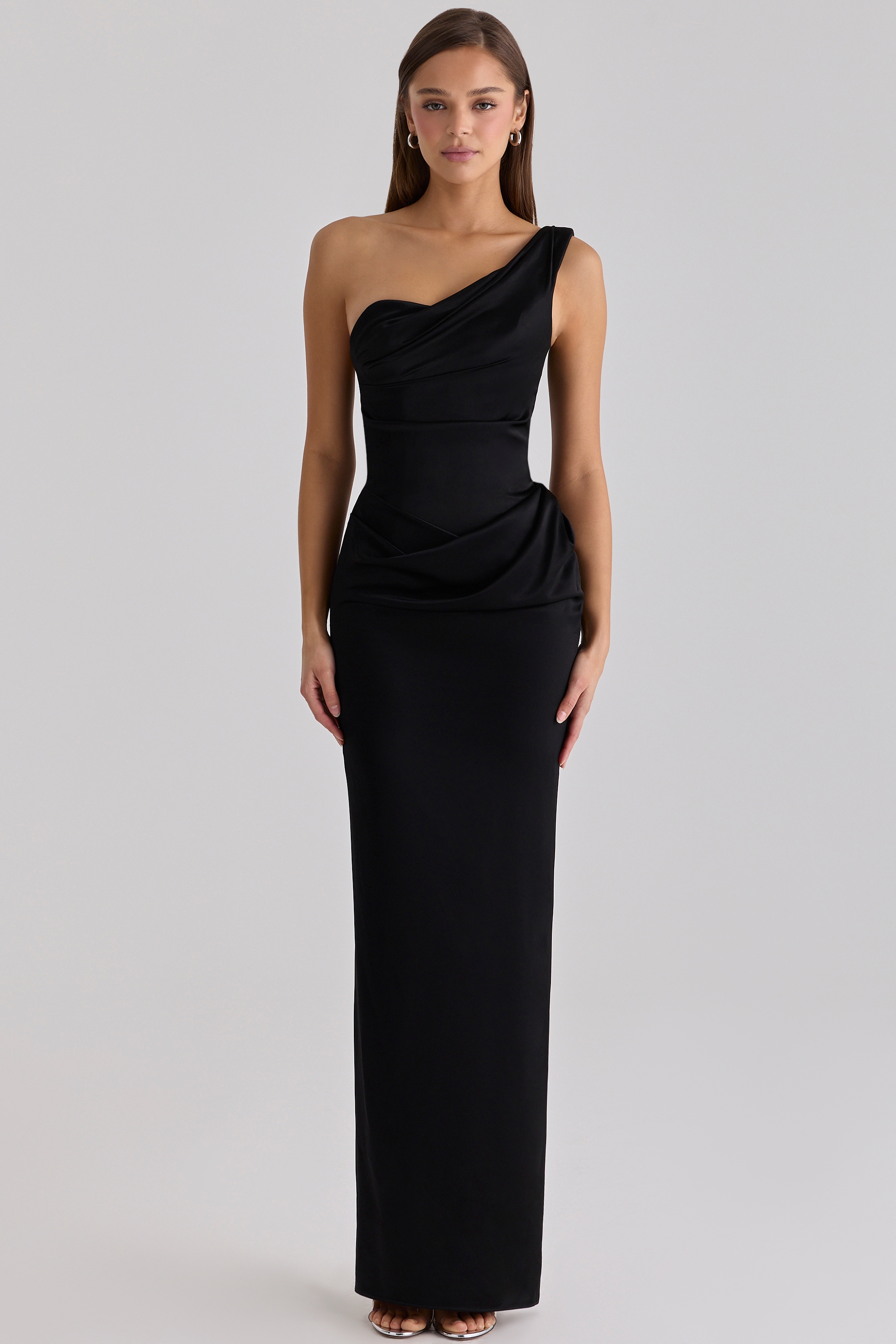 black satin one shoulder maxi dress