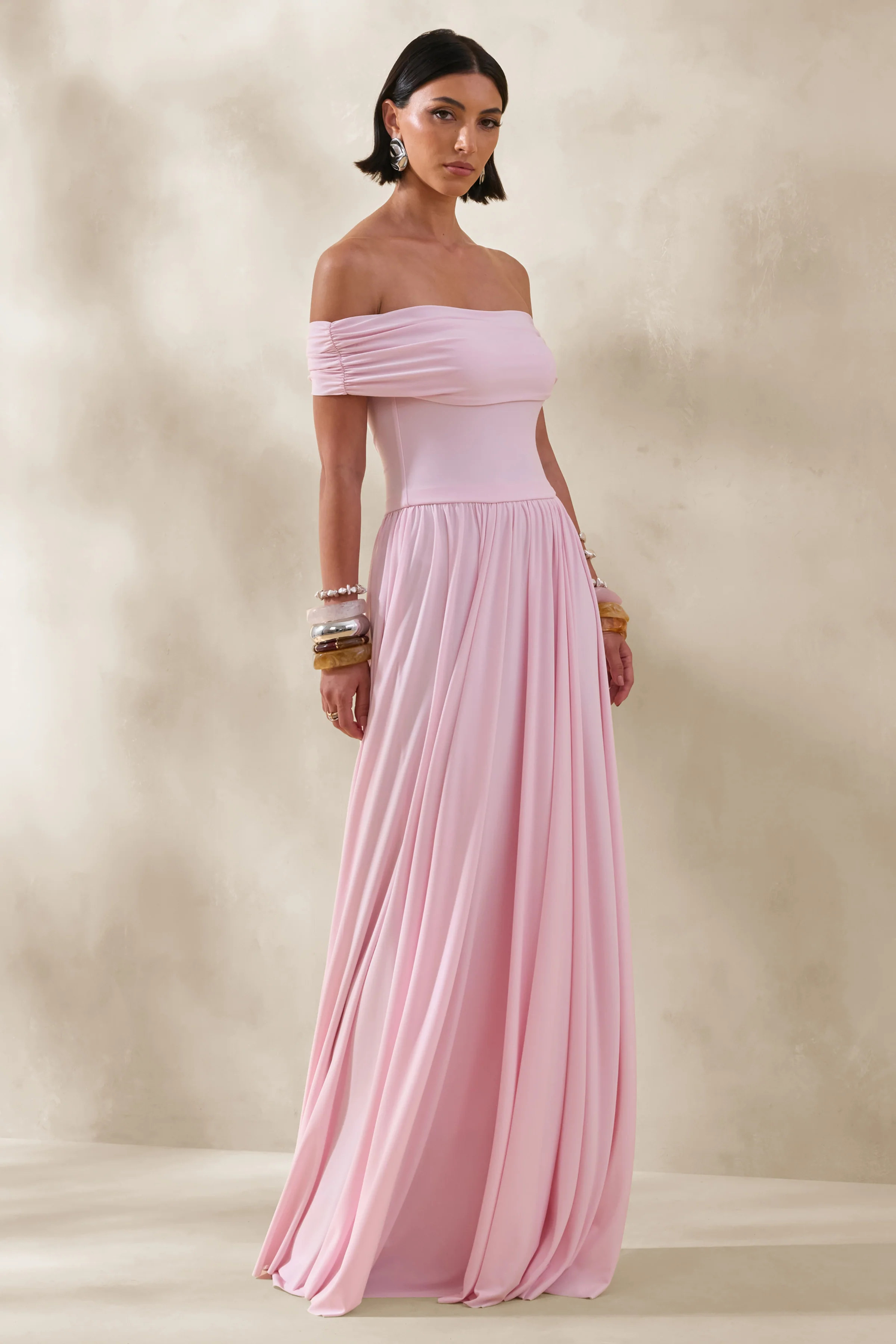 Cindie | Pink Bardot-Neck Maxi Dress