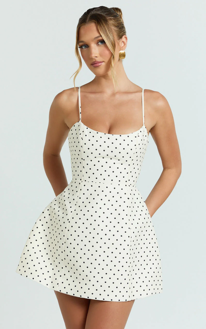 Carolina Mini Dress - Scoop Neck Panel Bodice Dress in White Polka Dot - luluinthesky