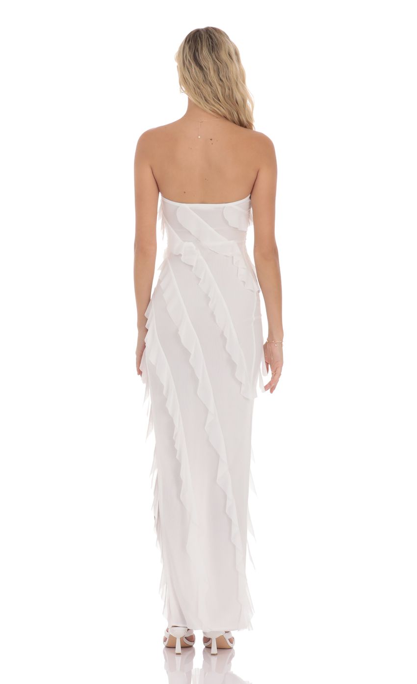 Mesh Ruffle Strapless Maxi Dress in White