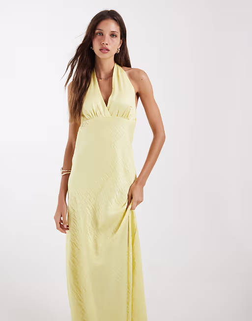 Object plunge front halterneck hammered satin maxi dress in pale yellow