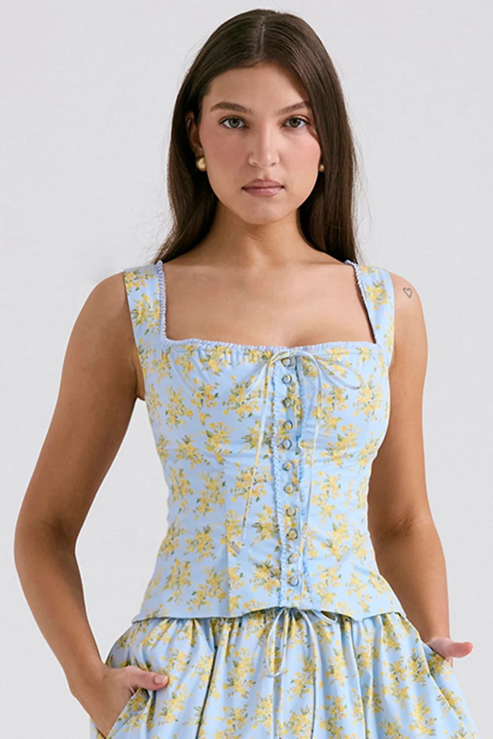 Soft Blue Vintage Floral Print Cotton Top