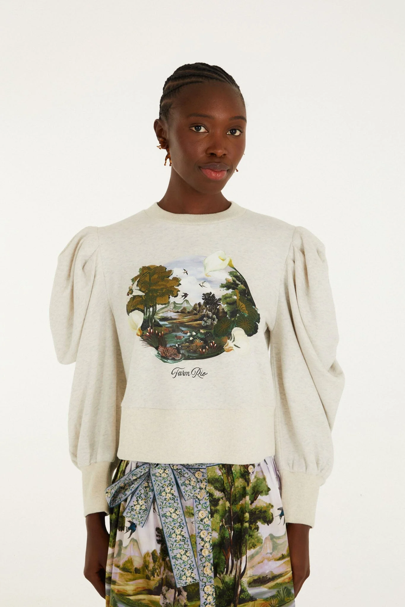 Grey Countryside Landscape Puff Sleeve Sweater