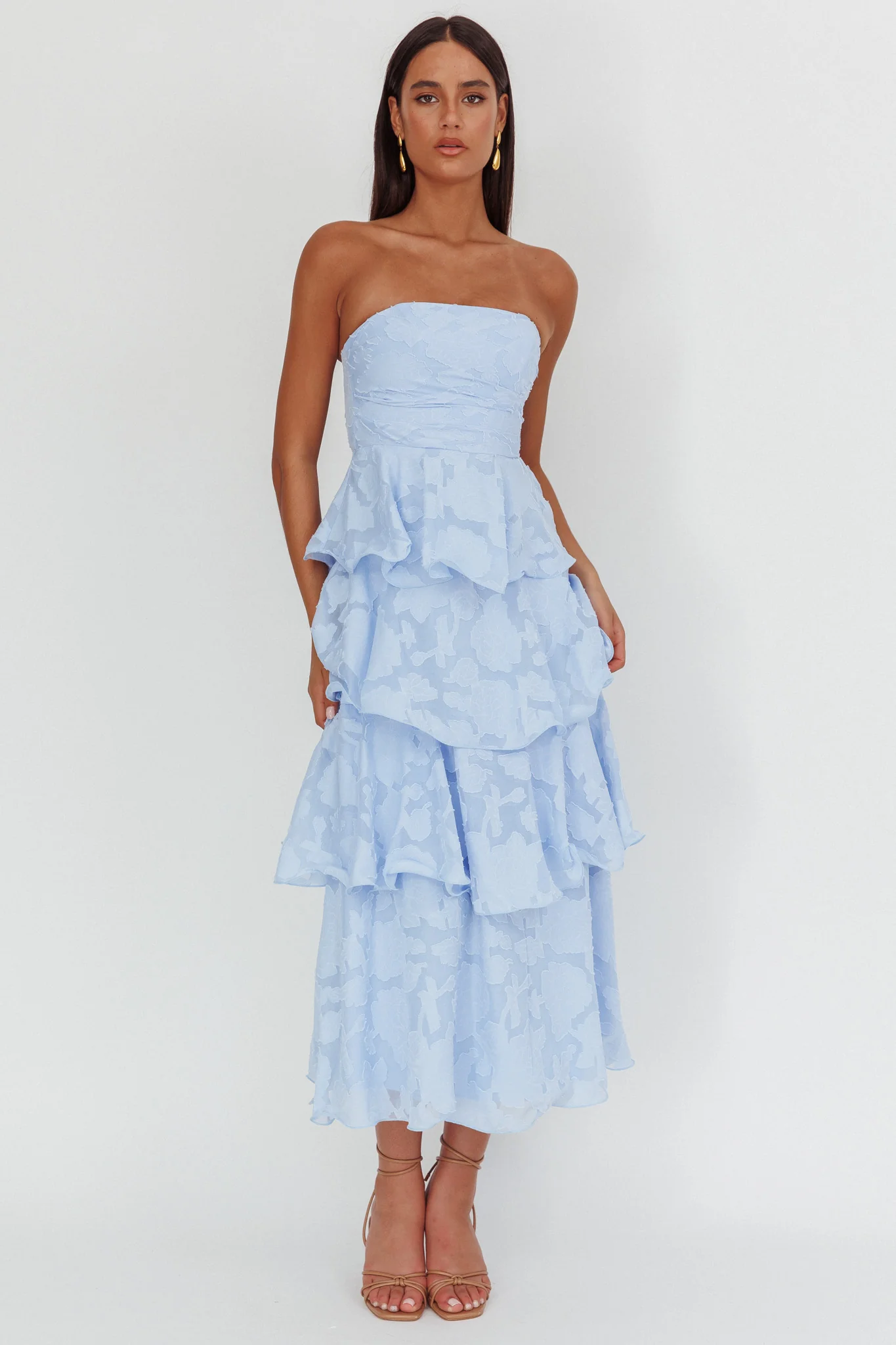 Giavana Strapless Layered Midi Dress Floral Embossed Blue