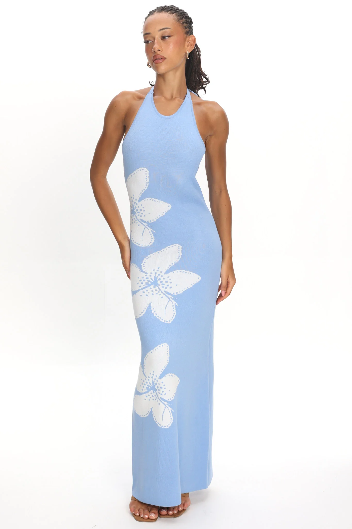 Wildflower Sun Halterneck Knit Dress Flower Blue - luluinthesky