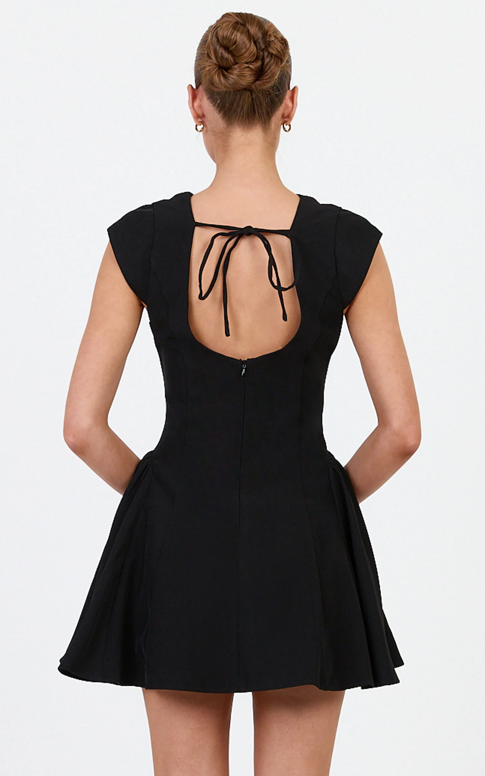 Lorayne Mini Dress - Cap Sleeve Gathered Hip Tie Back Mini Dress in Black