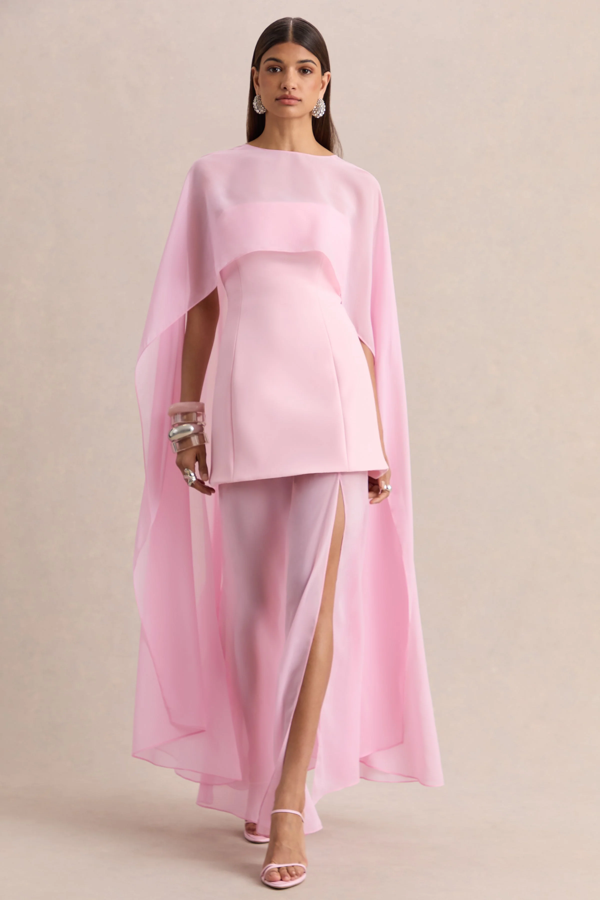 Chessa | Light Pink Boat-Neck Maxi Dress With Sheer Cape