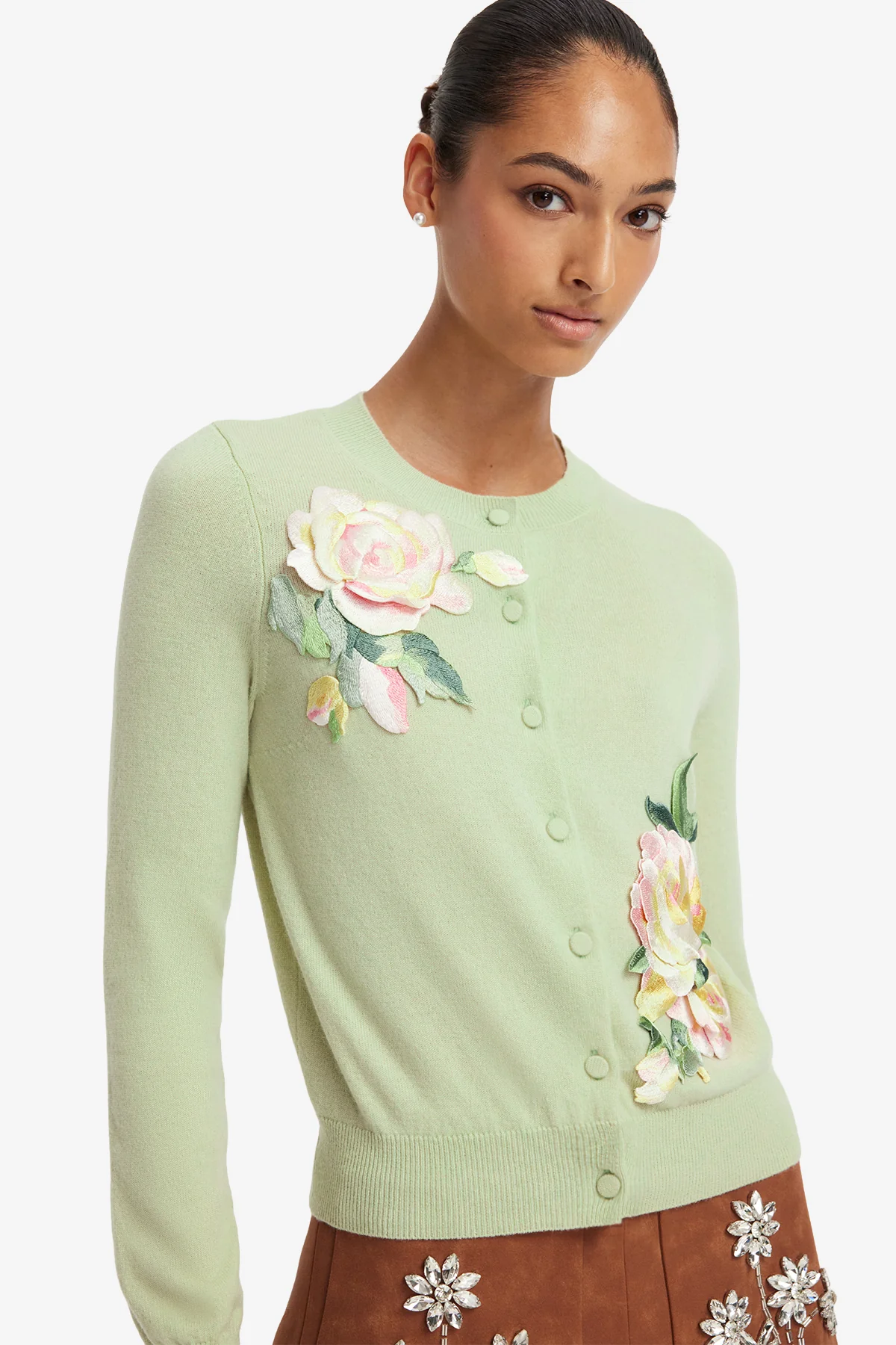 Claire Embroidered Cashmere Blend Cardigan - Pistachio Rose Print