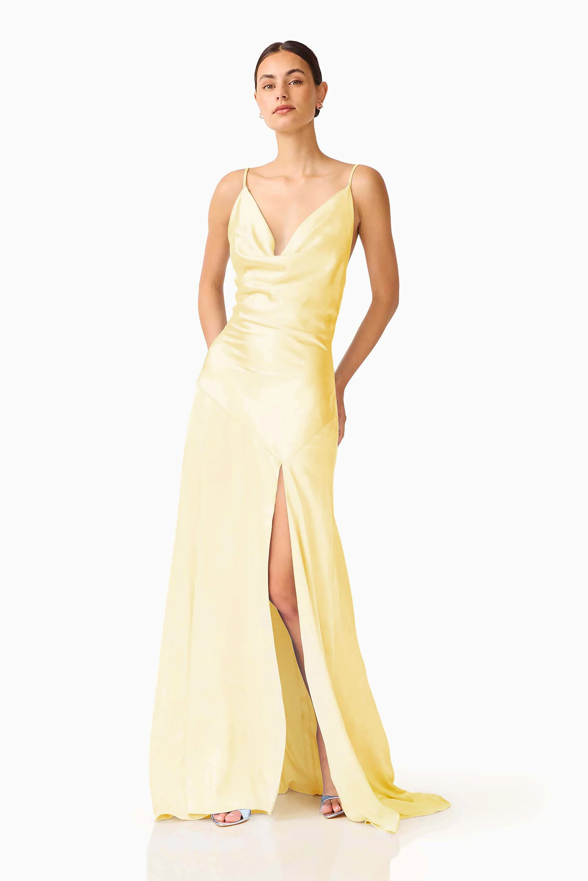 Clementine Cowl Neck Gown in Butter Yellow