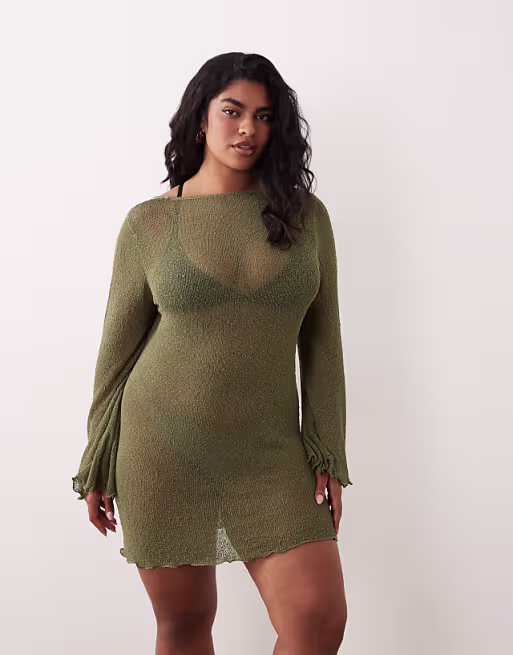 Curve beach knit boucle scoop back mini dress in khaki