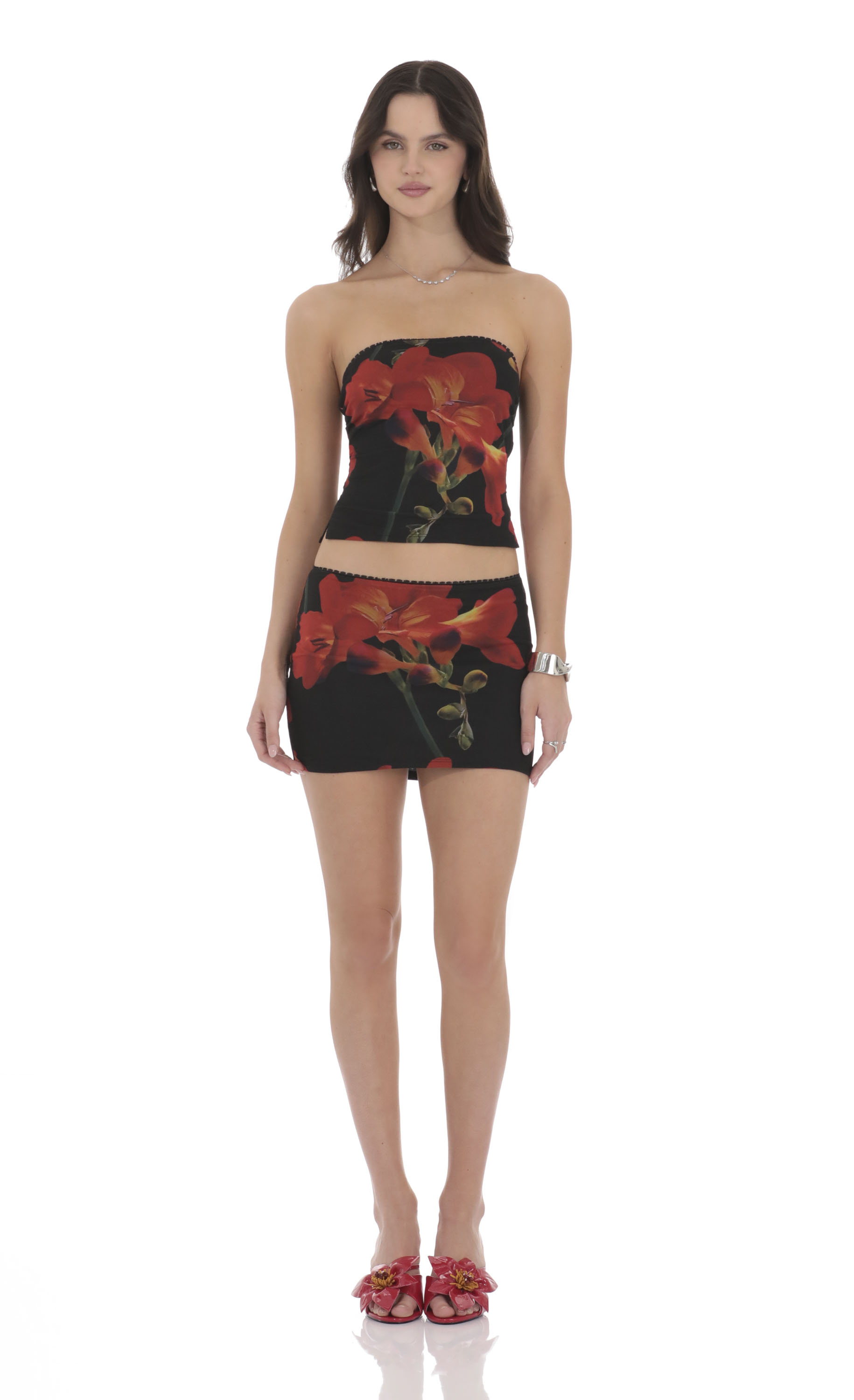 Mesh Floral Tube Top in Black
