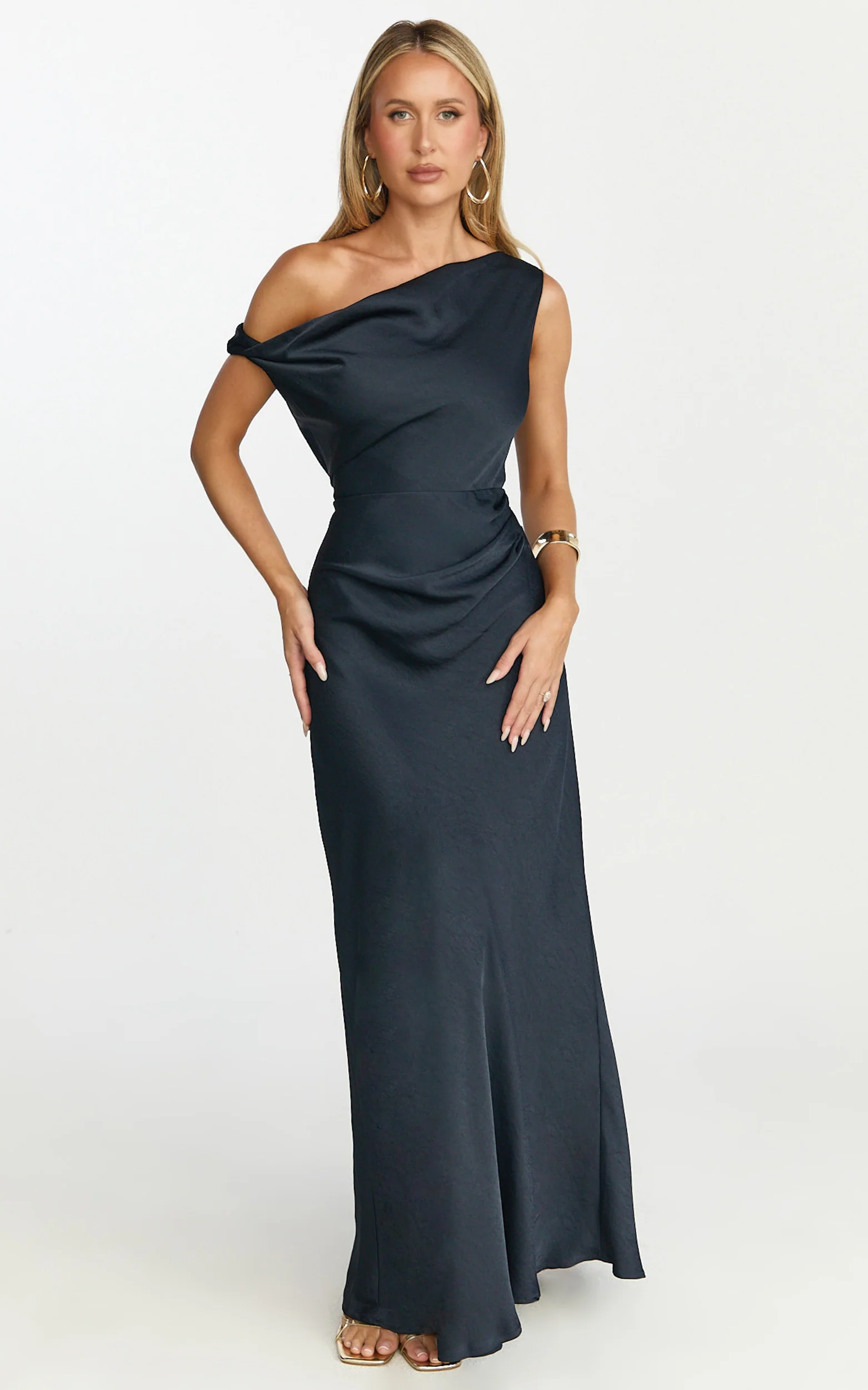 Lira Midi Dress - One Shoulder Satin Dress in Navy