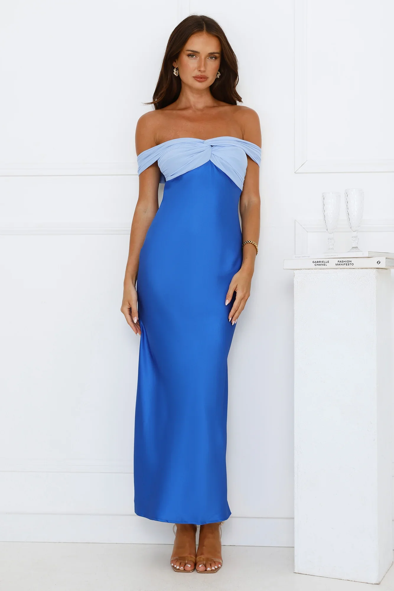 Luxe And Likes Off Shoulder Satin Maxi Dress Blue