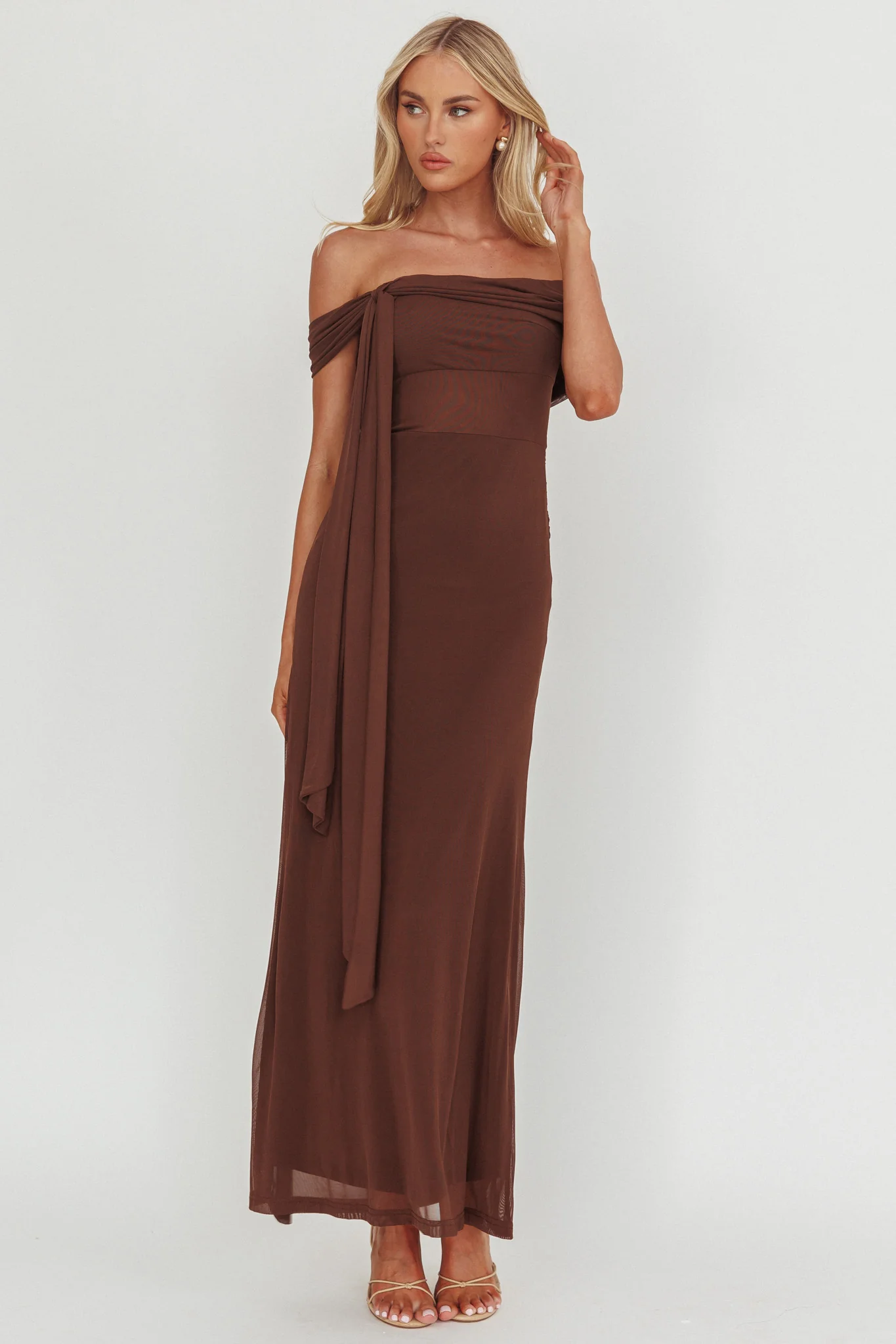 Silver Moon Tied Off-Shoulder Maxi Dress Chocolate