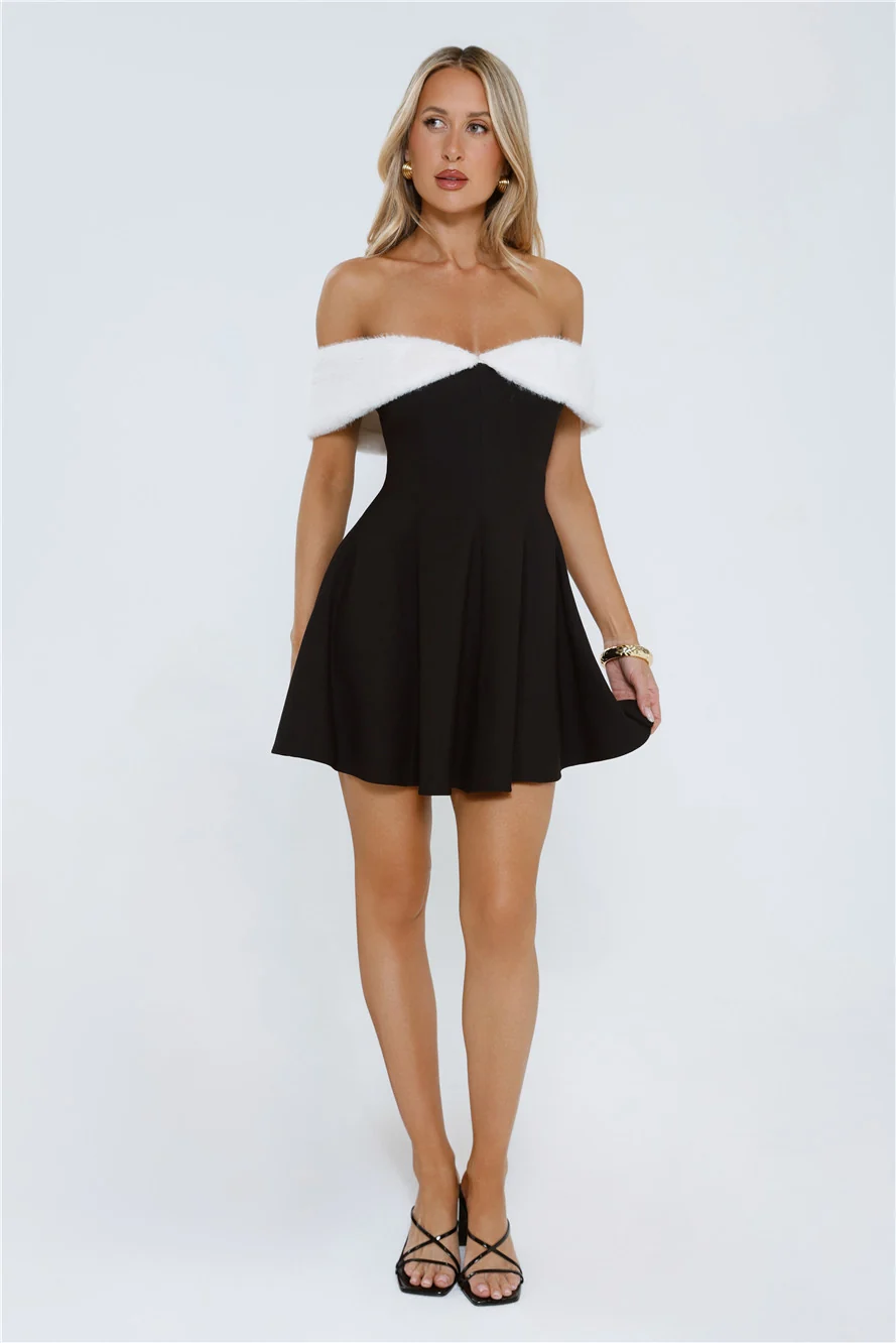 Black Tie Brilliance Off Shoulder Faux Fur Mini Dress Black