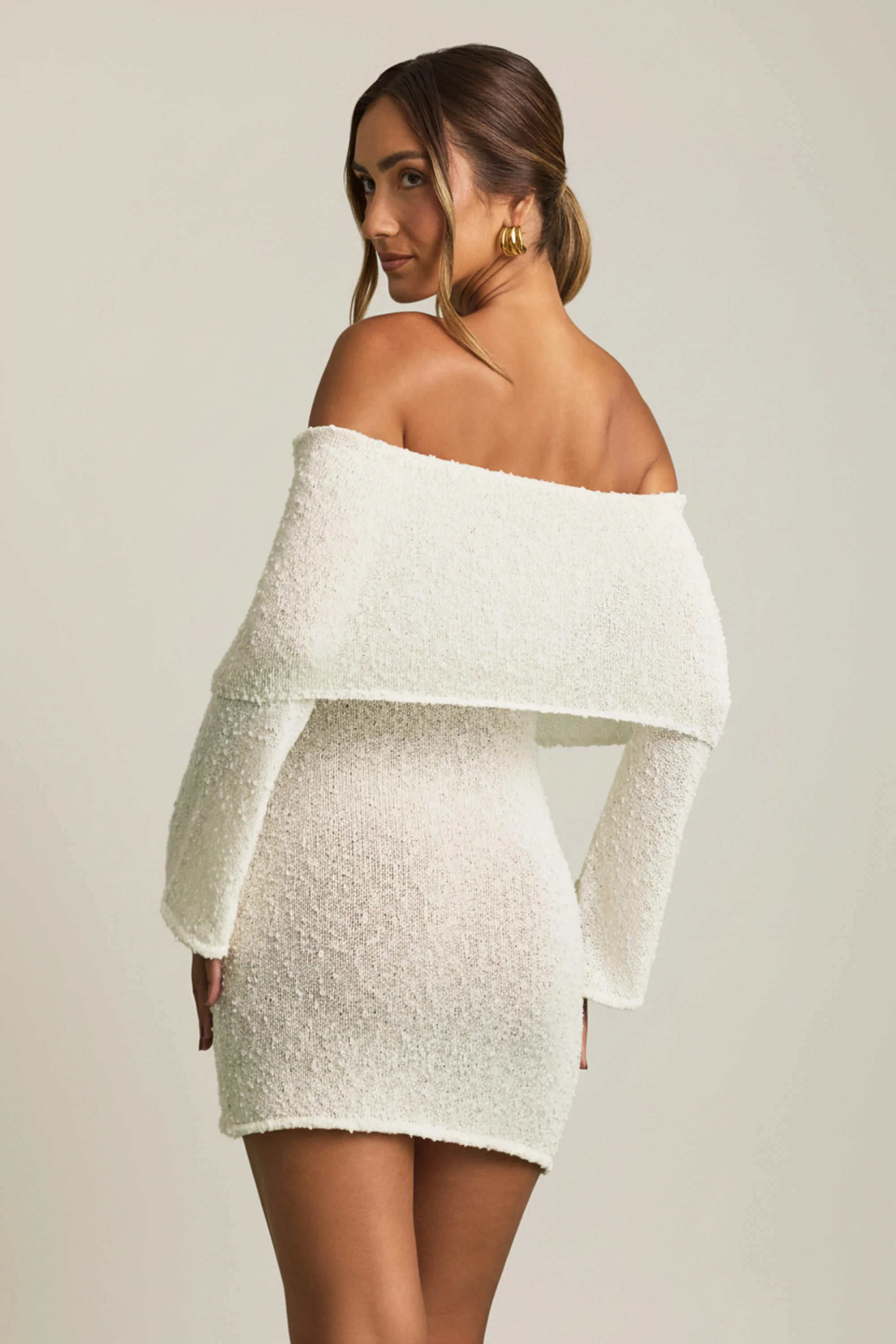 Bouclé Off-Shoulder Mini Dress in White