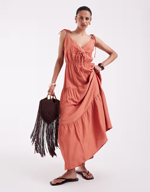 Vero Moda tie shoulder cami midi tiered dress in orange